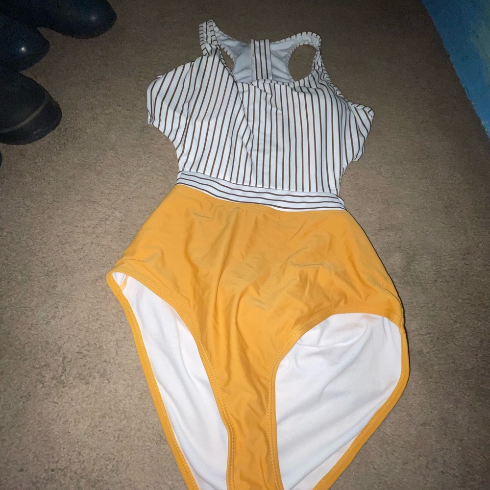 Striped White & Yellow womens' One-Piece Swimsuit